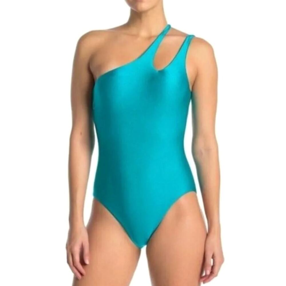 BECCA One Shoulder Tie Back One Piece Swimsuit Women's M Teal Open Back Sleek